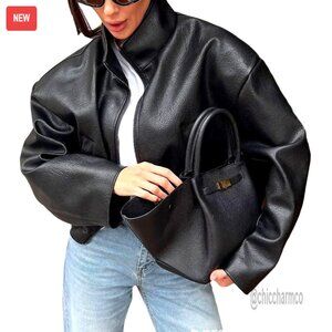 Oversized Faux Leather Bomber Jacket Stand Collar Motorcycle Style Chic